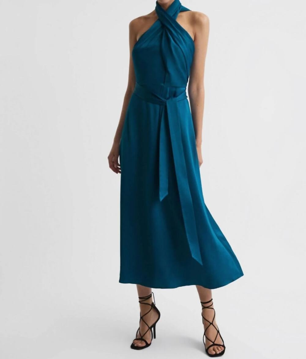 REISS Vida Quiet Luxury Teal Satin Halter Midi Dress NWT Size 0